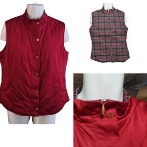 ST JOHN SPORT Vest Womens L Red Satin/Plaid Snap Zip Pocket Golf Outdoor Classic